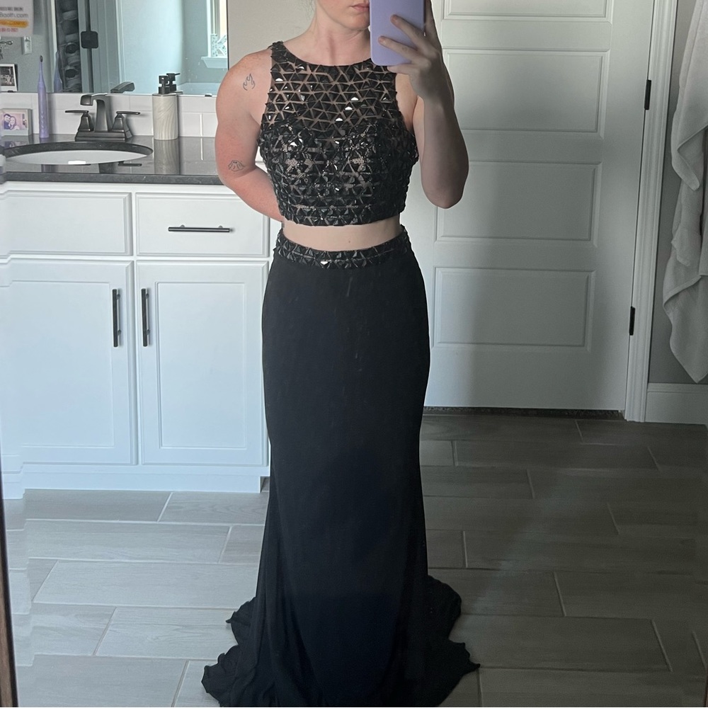 2 Piece Black Formal Dress, Open Back
